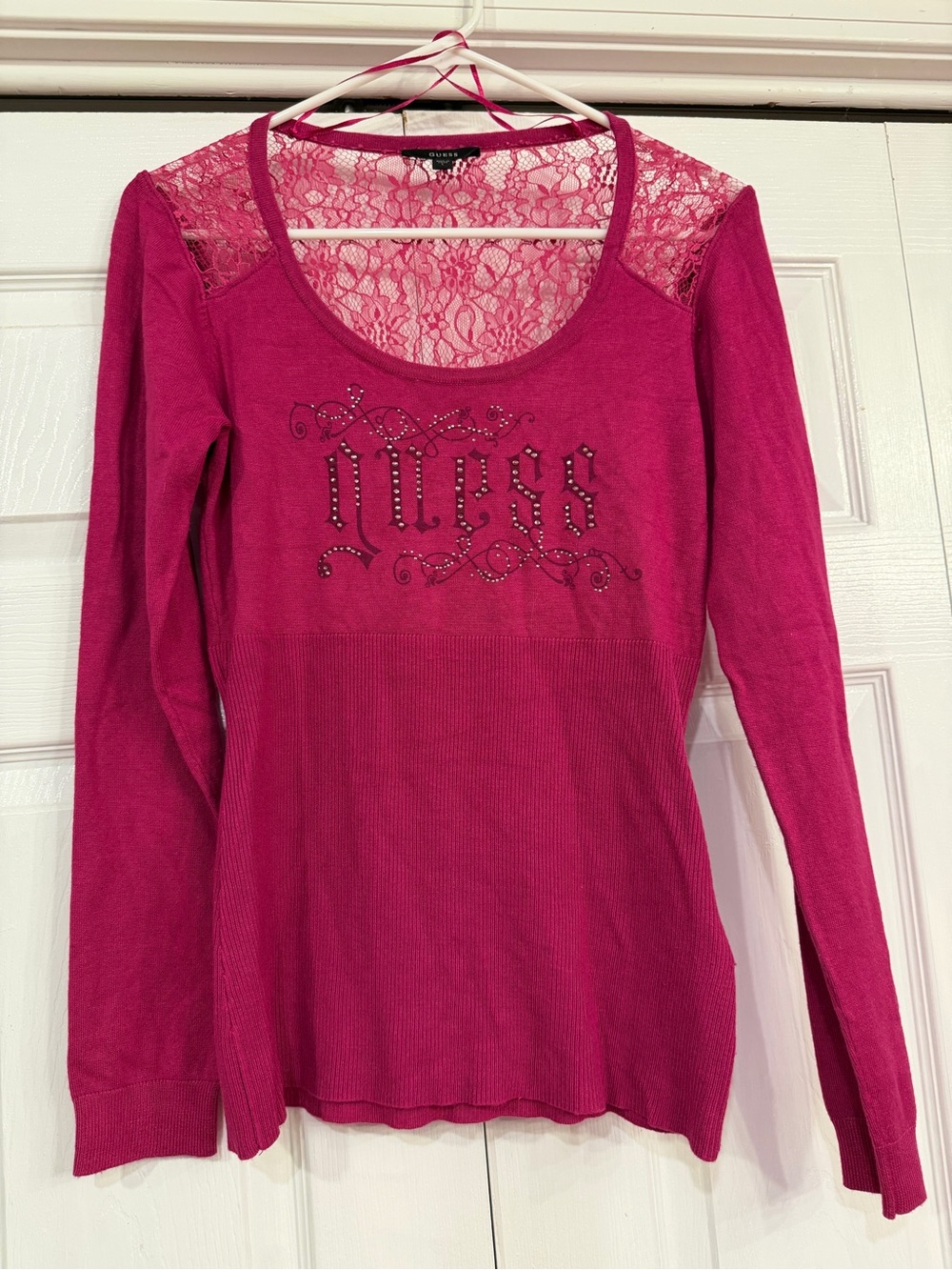Guess deep magenta Lace-Back Long Sleeve Top with Embellished Logo
